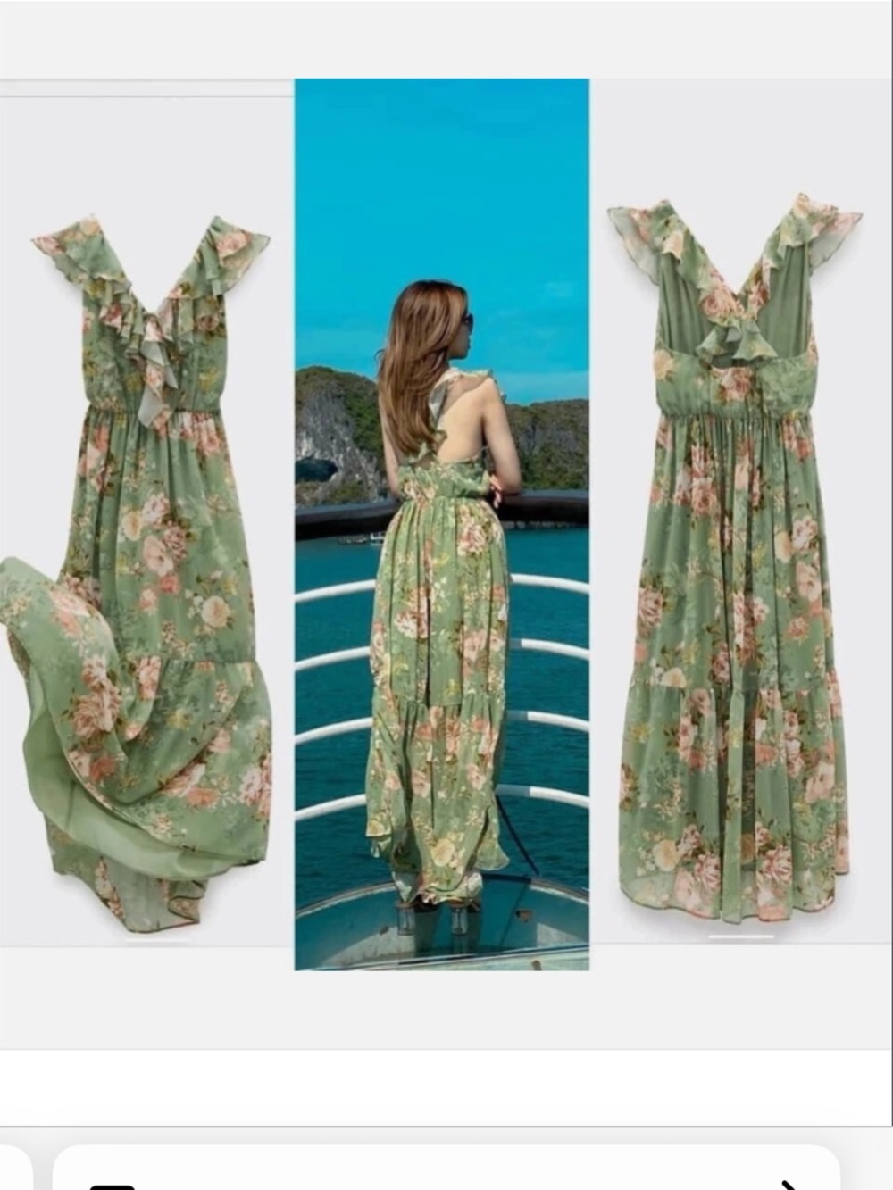 Zara Sage Green Floral Ruffle V‑Neck Maxi Dress